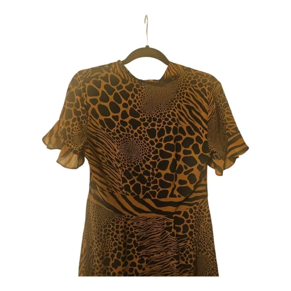MICHAEL KORS NWT Ruffle Flounce Animal Print Caramel Tie Neck Dress‎ - Small